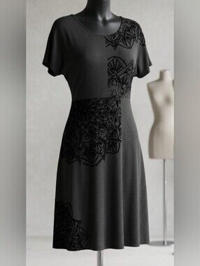 Desigual Black Dress Mandala Print (L) Boho Chic Artsy Noir Contemporary Minimal